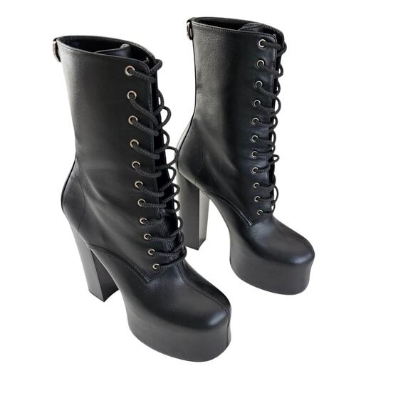Saint Laurent Mina Cherry Lace Up Platform Heel Boot Size 38 US 8 Black Leather - Picture 1 of 11